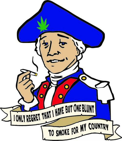 Cannacticut colonial mascot holding a lit blunt, ribbon reads I only regret that I have but one blunt to smoke for my country