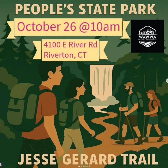 People's State Park highke flyer, October 26 at 10am, Jesse Gerard Trail, Riverton CT, presented with WAWWA CT Craft Cannabis Co.